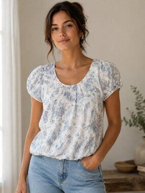 ELENA BALDI Italy Top with Silk Sheer Floral Blue and White Overlay Amalfi Large